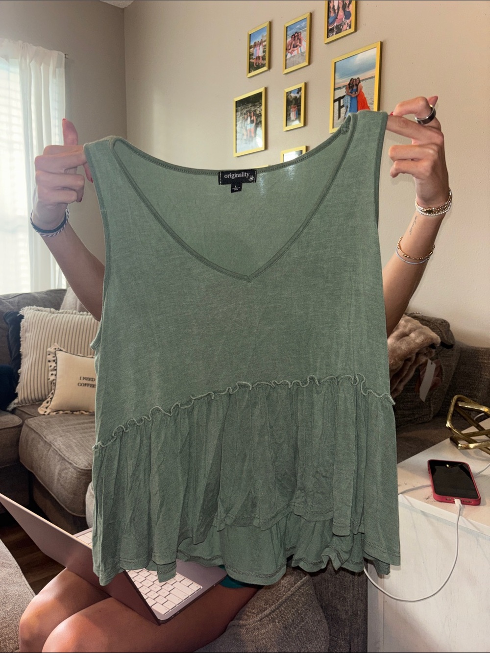 Olive Green Ruffle-Hem V-Neck Tank